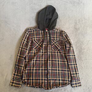 Raw Yarn Navy Plaid Full Zip Flannel Drawstring Hoodie Jacket Men's Size Medium